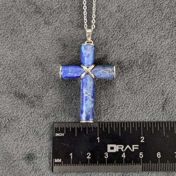 Lapis lazuli blue and silver cross shaped pendant, free chain, unisex women men - Picture 3 of 5